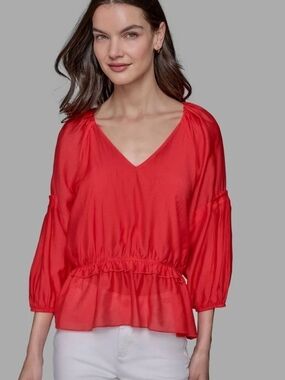 Karl Lagerfeld Bright Apple Red V-Neck Peplum Blouse NWT Large